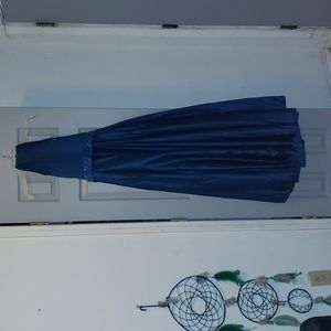 A VNAIX peacock blue halter beaded satin dress with pockets, size 12.